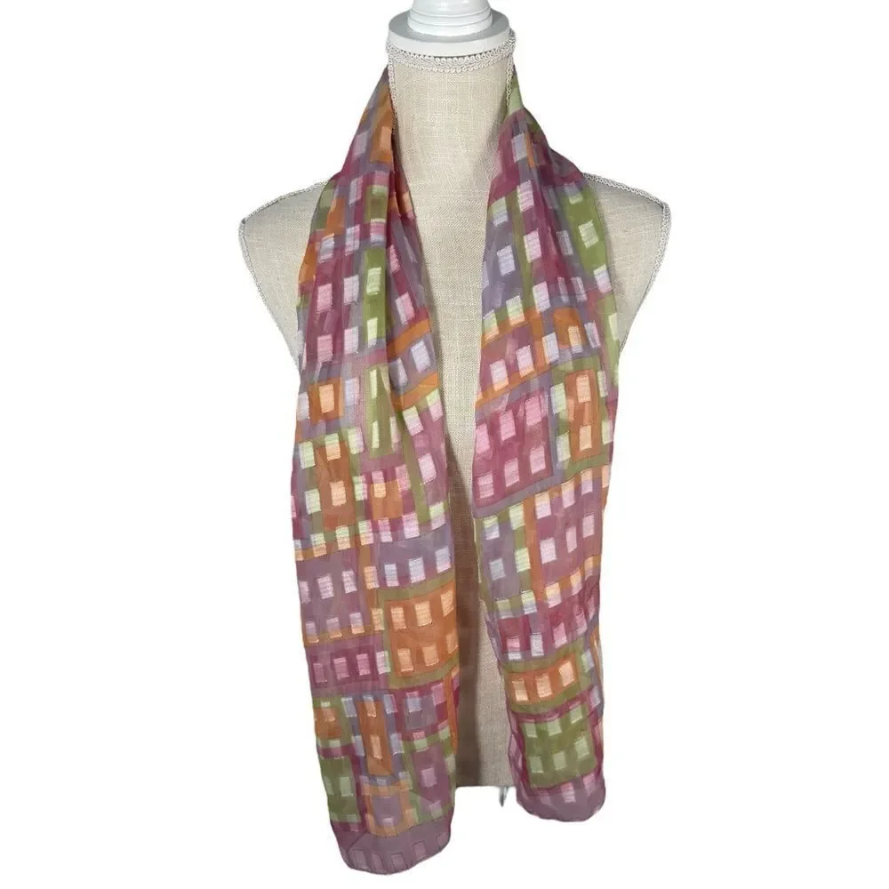 Boutique Women’s Pink Multi Color Shimmer Geometric Print Sheer Silk Blend Scarf
